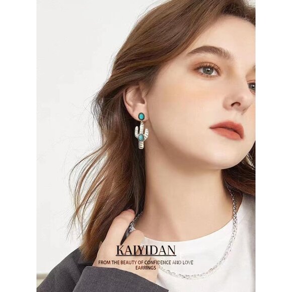 Turquoise Cactus shaped Vintage Long Summer Earring for Women Jewelry - Picture 2 of 9